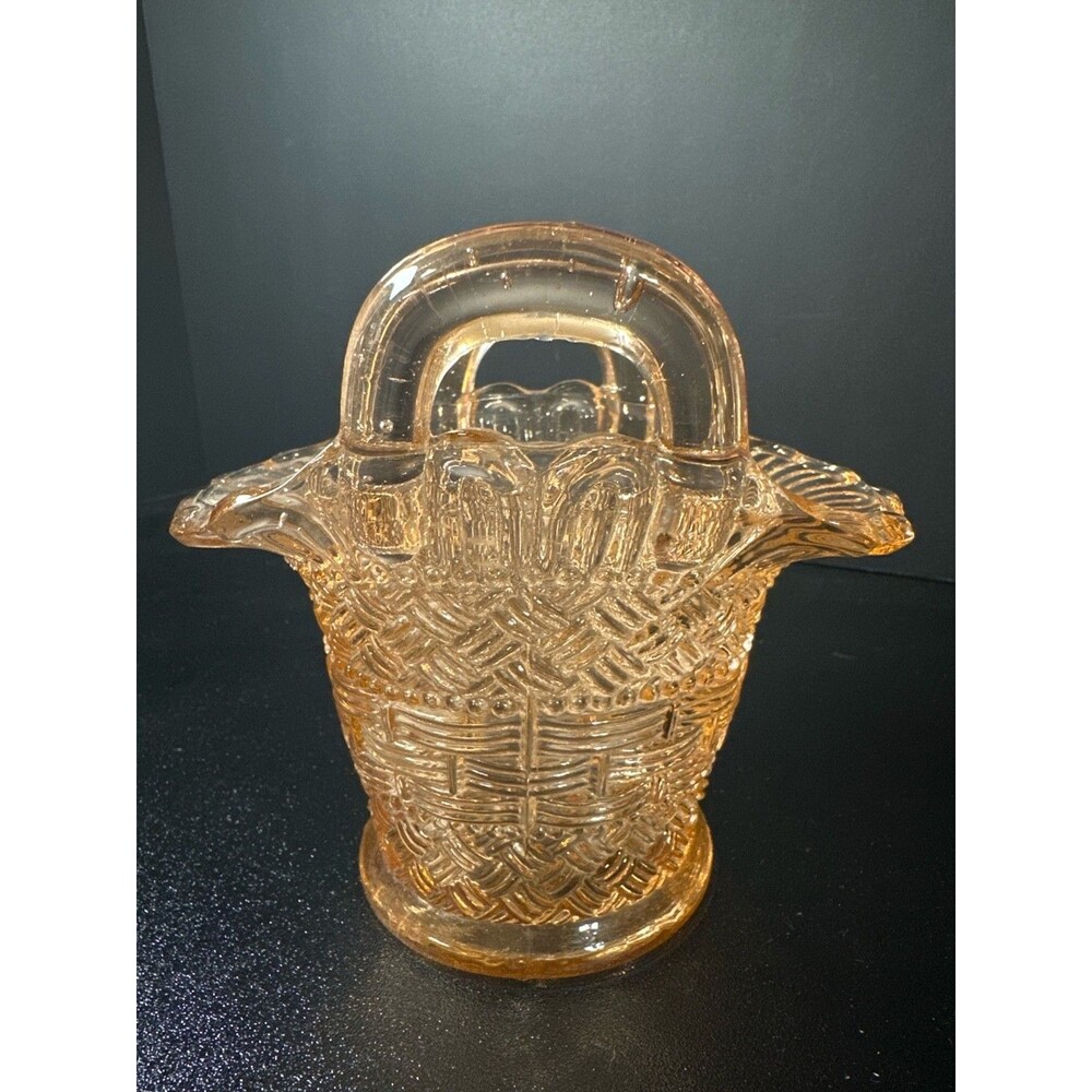 Dugan Marigold Carnival Glass Basket Basketweave & Beads 5.25" Vintage